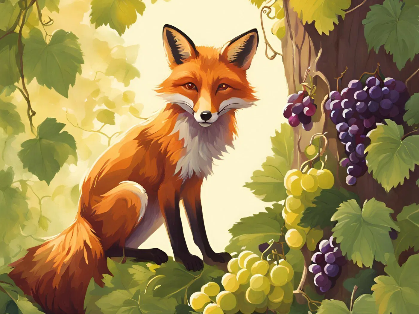 uma raposa e uvasdo lado direito dela